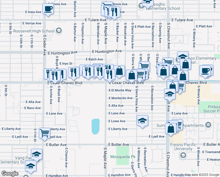 map of restaurants, bars, coffee shops, grocery stores, and more near 4613 East El Monte Way in Fresno