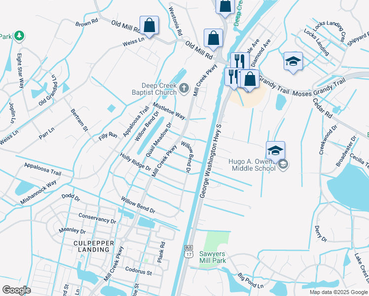 map of restaurants, bars, coffee shops, grocery stores, and more near 409 Willow Bend Drive in Chesapeake