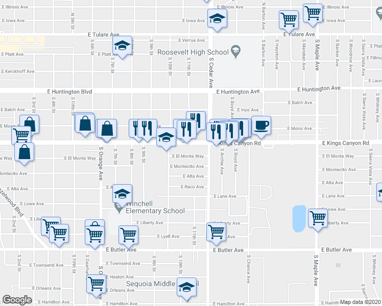 map of restaurants, bars, coffee shops, grocery stores, and more near 4103 E El Monte Way in Fresno
