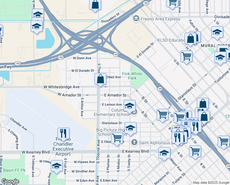 map of restaurants, bars, coffee shops, grocery stores, and more near 117 East Amador Street in Fresno