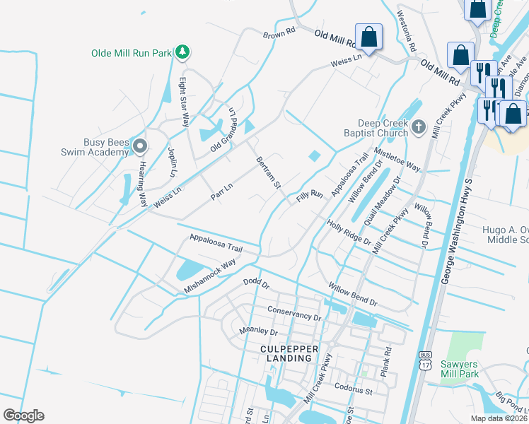 map of restaurants, bars, coffee shops, grocery stores, and more near 3428 Filly Run in Chesapeake