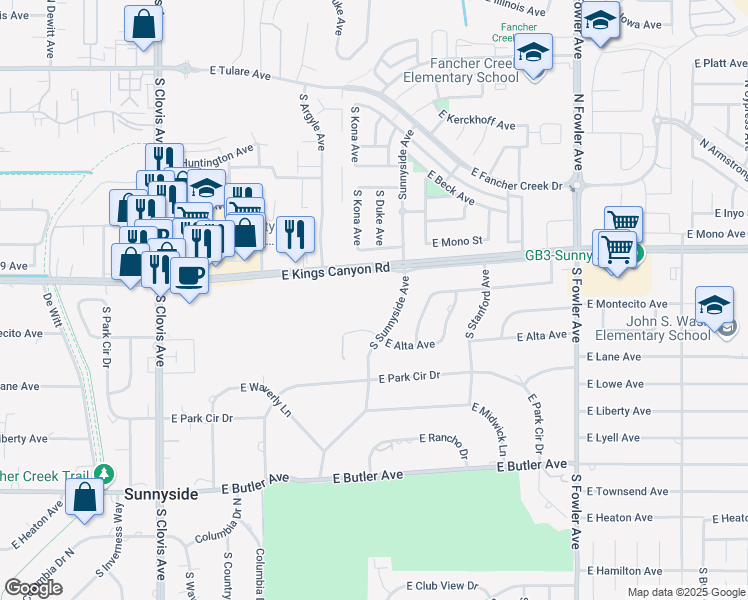 map of restaurants, bars, coffee shops, grocery stores, and more near 5790 East Kings Canyon Road in Fresno