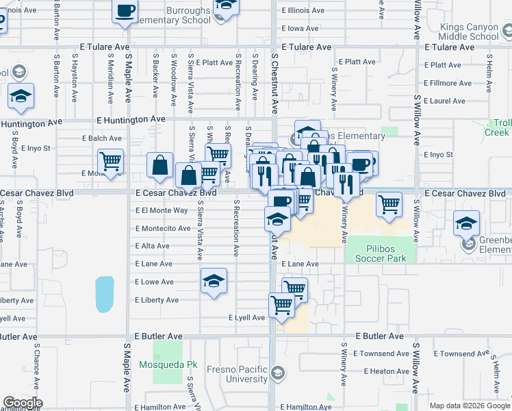 map of restaurants, bars, coffee shops, grocery stores, and more near 4777 East El Monte Way in Fresno