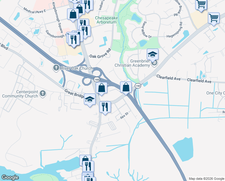 map of restaurants, bars, coffee shops, grocery stores, and more near in Chesapeake