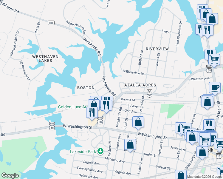 map of restaurants, bars, coffee shops, grocery stores, and more near 501 Pitchkettle Road in Suffolk