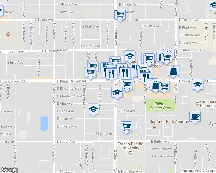 map of restaurants, bars, coffee shops, grocery stores, and more near 4777 East El Monte Way in Fresno