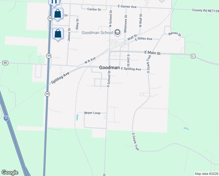 map of restaurants, bars, coffee shops, grocery stores, and more near 210 South School Street in Goodman