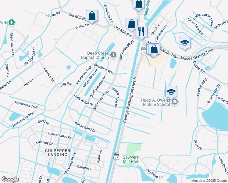 map of restaurants, bars, coffee shops, grocery stores, and more near 409 Willow Bend Drive in Chesapeake