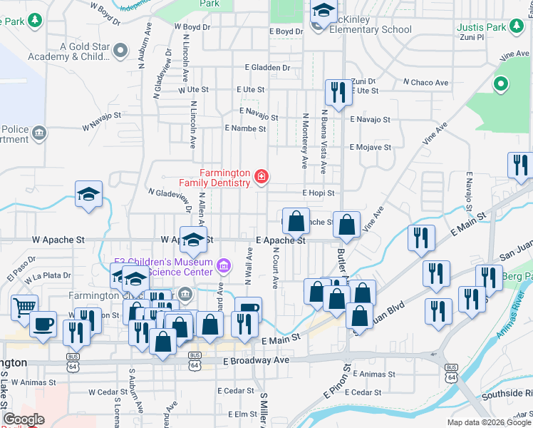 map of restaurants, bars, coffee shops, grocery stores, and more near 599 North Dustin Avenue in Farmington