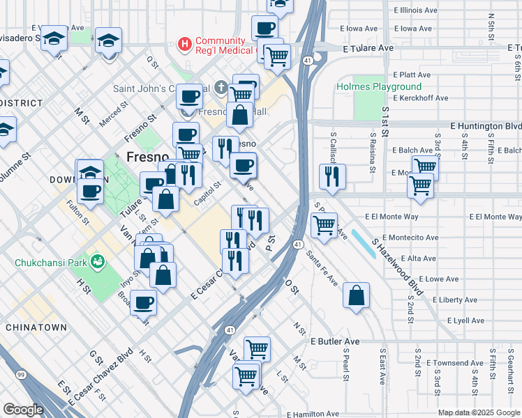 map of restaurants, bars, coffee shops, grocery stores, and more near 621 Santa Fe Ave in Fresno