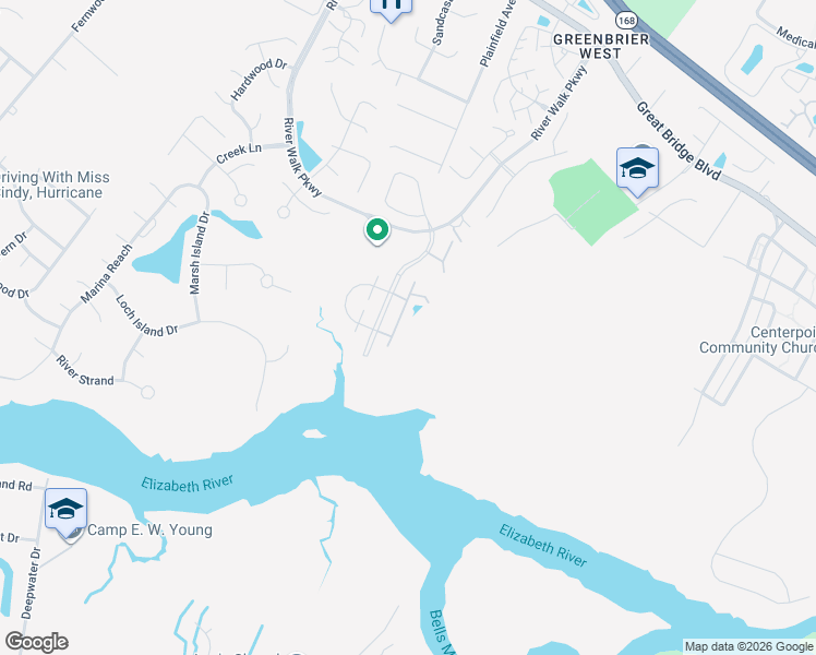map of restaurants, bars, coffee shops, grocery stores, and more near 427 Seahorse Run in Chesapeake