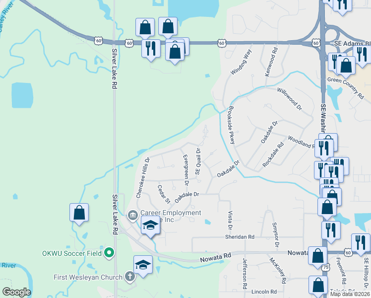 map of restaurants, bars, coffee shops, grocery stores, and more near 1301 Evergreen Drive in Bartlesville