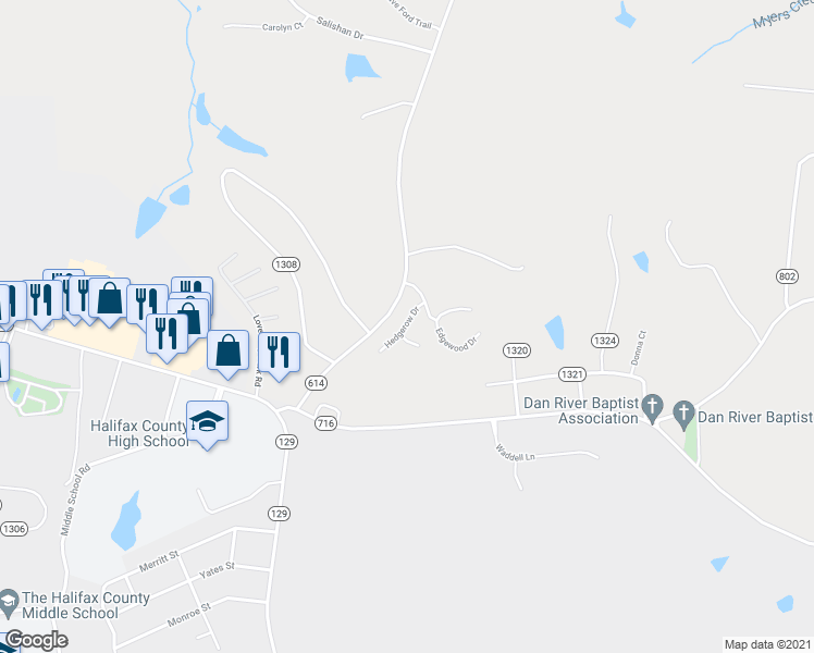 map of restaurants, bars, coffee shops, grocery stores, and more near 105 Hedgerow Drive in Halifax