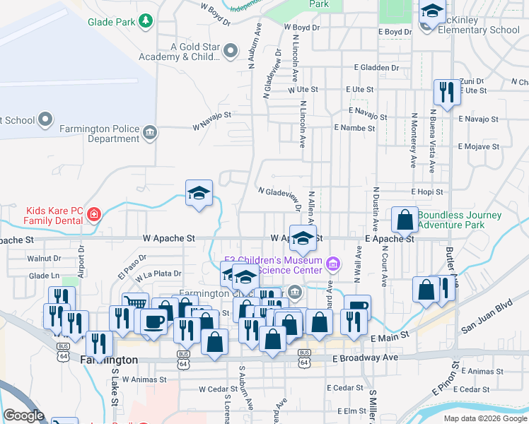 map of restaurants, bars, coffee shops, grocery stores, and more near 401 West Comanche Street in Farmington