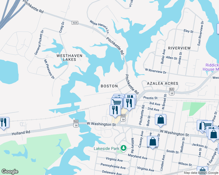 map of restaurants, bars, coffee shops, grocery stores, and more near 909 McKinley Avenue in Suffolk