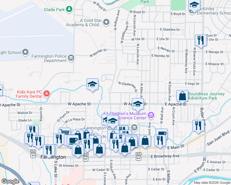 map of restaurants, bars, coffee shops, grocery stores, and more near 401 West Comanche Street in Farmington