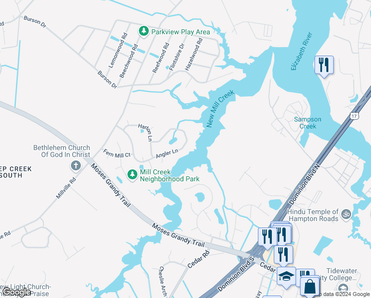 map of restaurants, bars, coffee shops, grocery stores, and more near 2243 Angler Lane in Chesapeake