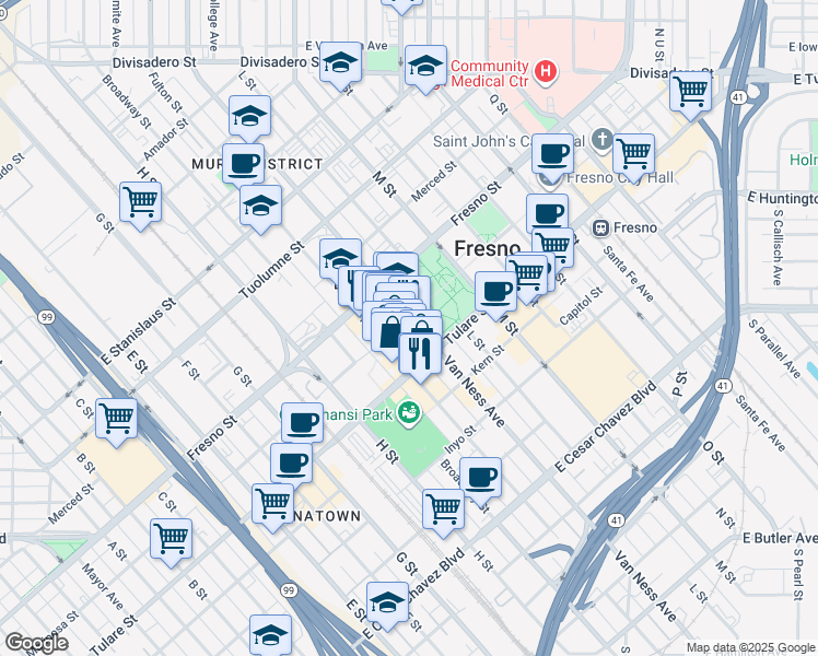 map of restaurants, bars, coffee shops, grocery stores, and more near 1033 Van Ness Avenue in Fresno