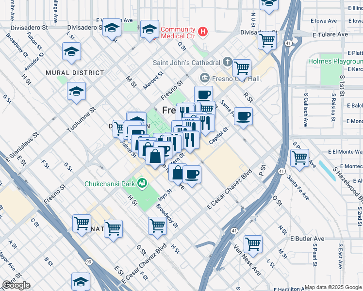 map of restaurants, bars, coffee shops, grocery stores, and more near 2220 Tulare Street in Fresno