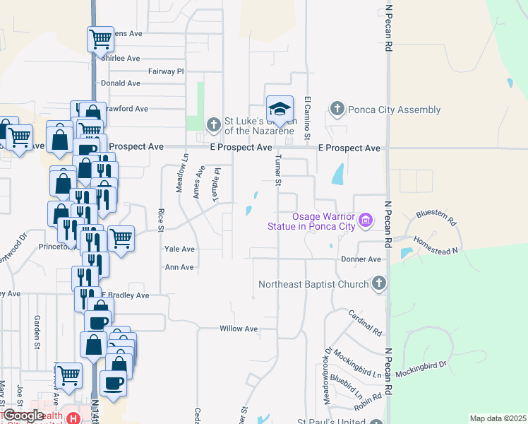 map of restaurants, bars, coffee shops, grocery stores, and more near 2616 Turner Street in Ponca City
