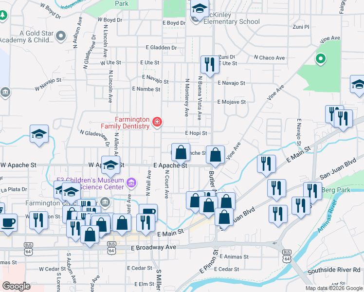 map of restaurants, bars, coffee shops, grocery stores, and more near 406 East Comanche Street in Farmington