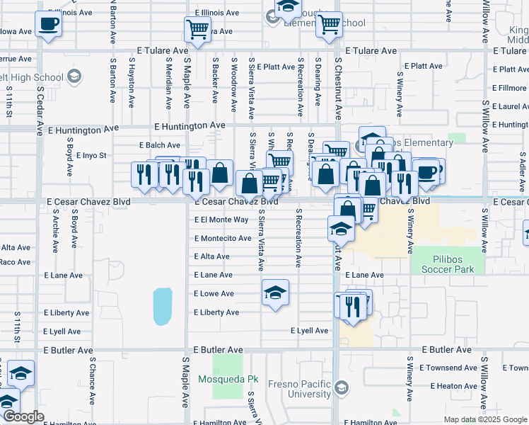 map of restaurants, bars, coffee shops, grocery stores, and more near 4711 East El Monte Way in Fresno