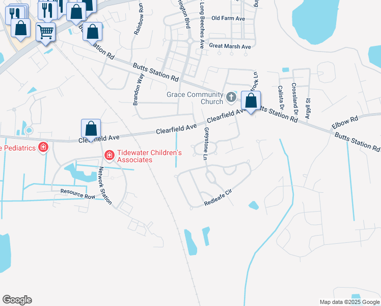 map of restaurants, bars, coffee shops, grocery stores, and more near 804 Timberline Court in Chesapeake