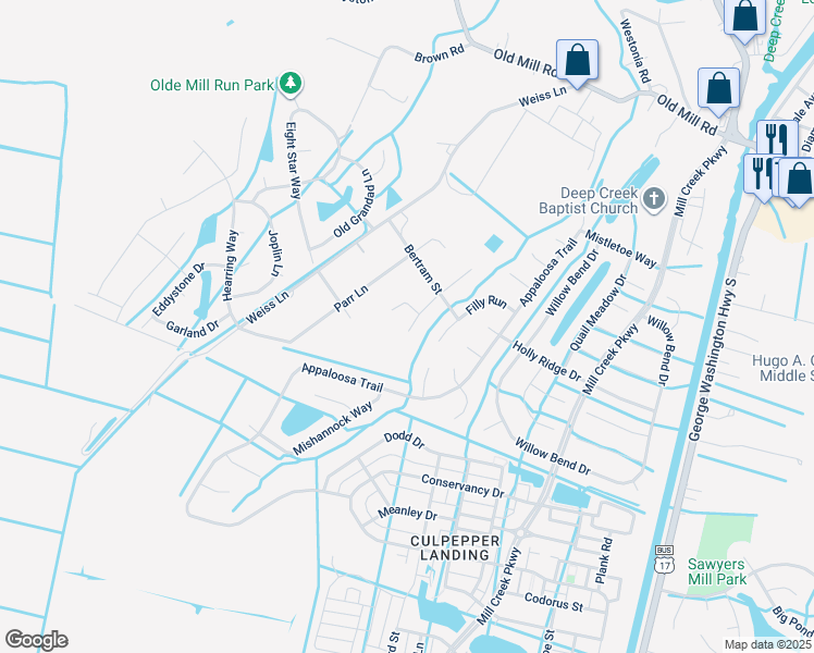 map of restaurants, bars, coffee shops, grocery stores, and more near 412 Saddle Court in Chesapeake