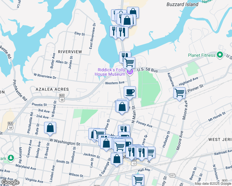 map of restaurants, bars, coffee shops, grocery stores, and more near 125 Church Street in Suffolk