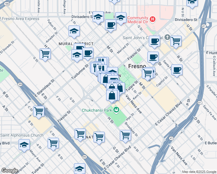 map of restaurants, bars, coffee shops, grocery stores, and more near 1101 Fulton Street in Fresno