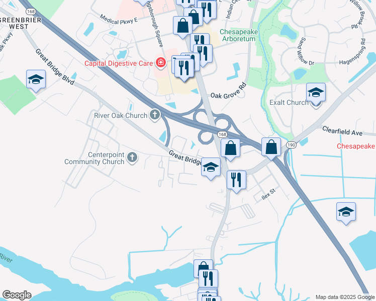 map of restaurants, bars, coffee shops, grocery stores, and more near 173 Fairwind Drive in Chesapeake