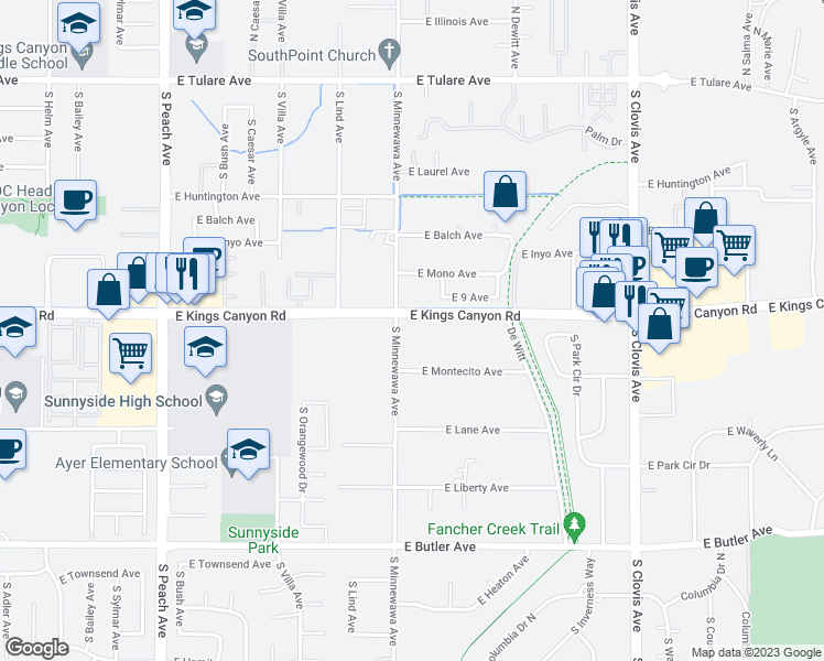 map of restaurants, bars, coffee shops, grocery stores, and more near 748 South Minnewawa Avenue in Fresno
