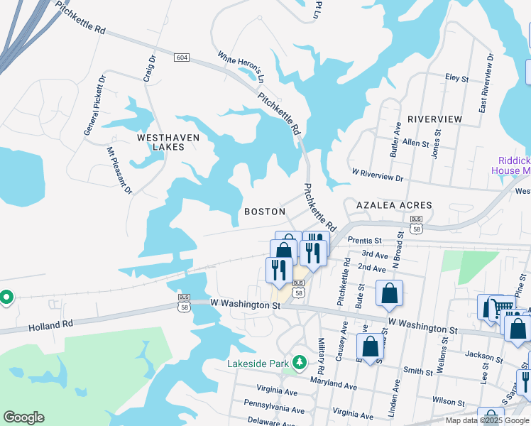 map of restaurants, bars, coffee shops, grocery stores, and more near 909 McKinley Avenue in Suffolk