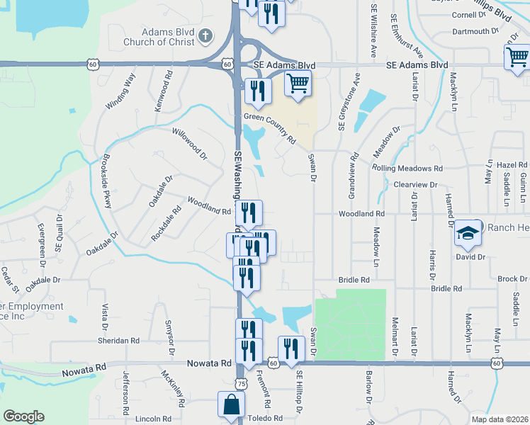 map of restaurants, bars, coffee shops, grocery stores, and more near Southeast Woodland Road in Bartlesville