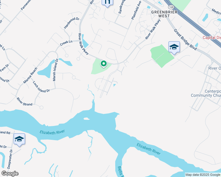 map of restaurants, bars, coffee shops, grocery stores, and more near 447 Seahorse Run in Chesapeake