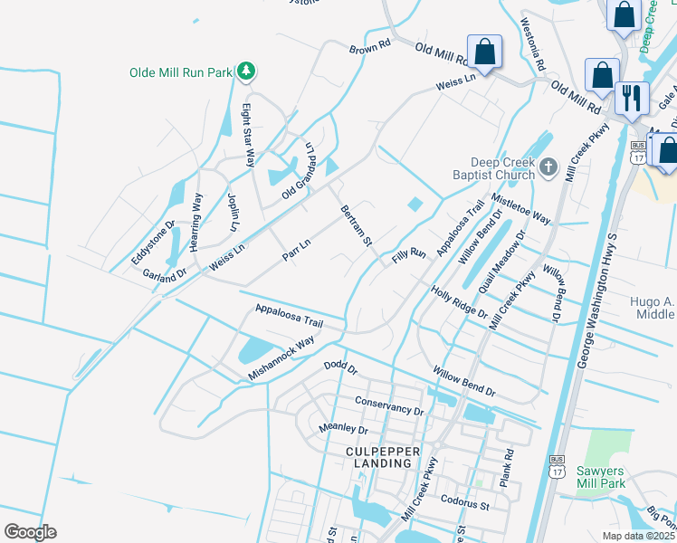 map of restaurants, bars, coffee shops, grocery stores, and more near 412 Saddle Court in Chesapeake