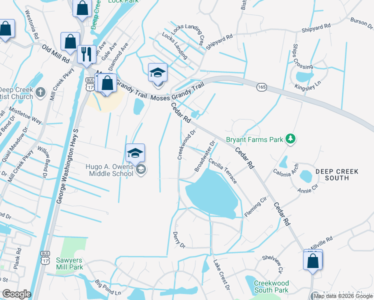 map of restaurants, bars, coffee shops, grocery stores, and more near 2708 Admiralty Court in Chesapeake