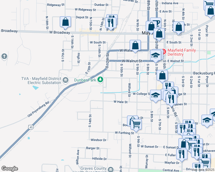 map of restaurants, bars, coffee shops, grocery stores, and more near 602 South 12th Street in Mayfield