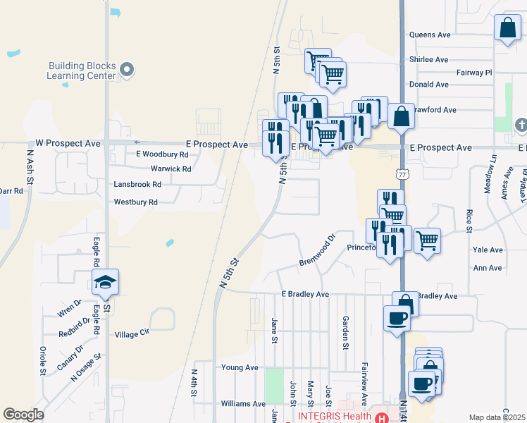 map of restaurants, bars, coffee shops, grocery stores, and more near 2600 North 5th Street in Ponca City