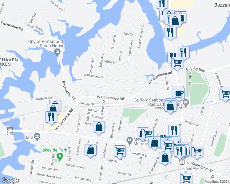 map of restaurants, bars, coffee shops, grocery stores, and more near 410 North Broad Street in Suffolk