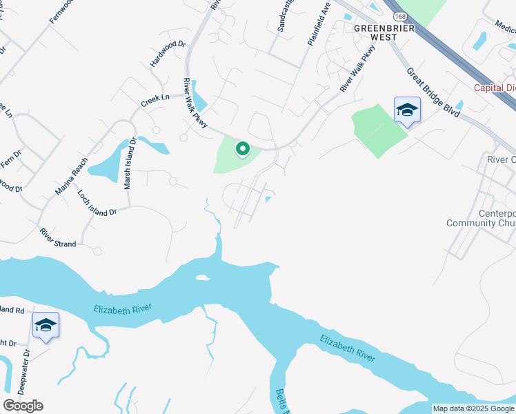 map of restaurants, bars, coffee shops, grocery stores, and more near 447 Seahorse Run in Chesapeake