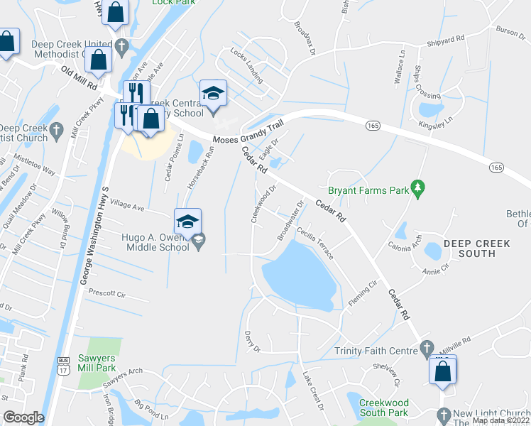 map of restaurants, bars, coffee shops, grocery stores, and more near 2711 Cecilia Terrace in Chesapeake