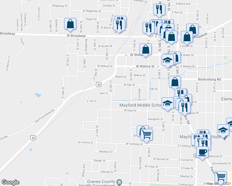 map of restaurants, bars, coffee shops, grocery stores, and more near 622 Allen Street in Mayfield