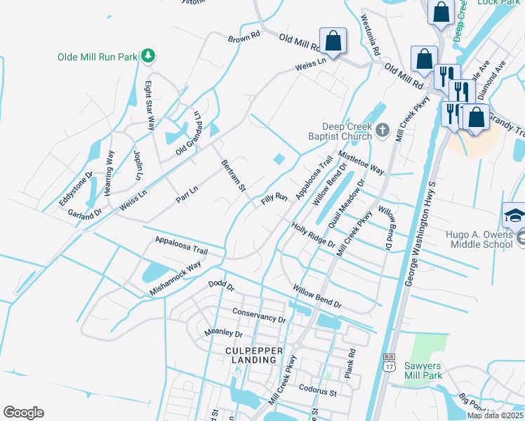 map of restaurants, bars, coffee shops, grocery stores, and more near 3404 Indianola Court in Chesapeake