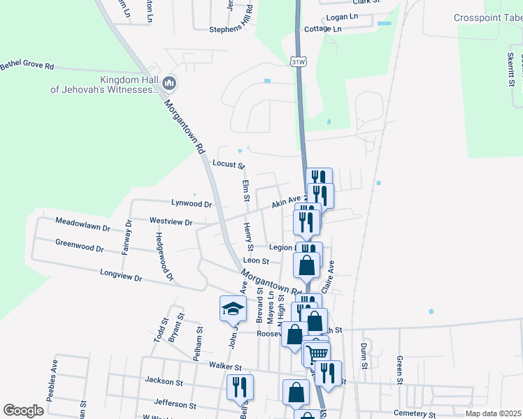 map of restaurants, bars, coffee shops, grocery stores, and more near 800 Church Street in Franklin