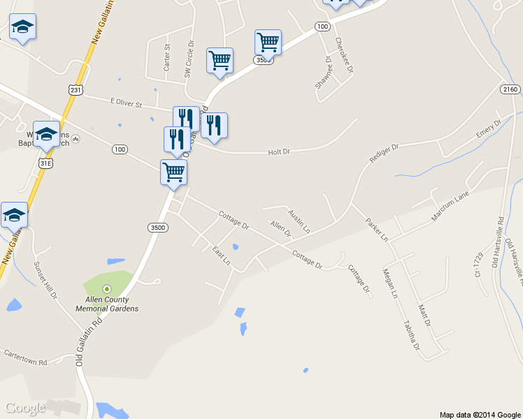 map of restaurants, bars, coffee shops, grocery stores, and more near 299 Austin Lane in Scottsville