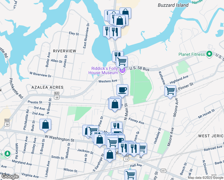 map of restaurants, bars, coffee shops, grocery stores, and more near 125 Church Street in Suffolk