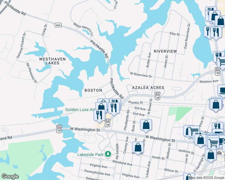 map of restaurants, bars, coffee shops, grocery stores, and more near 501 Pitchkettle Road in Suffolk
