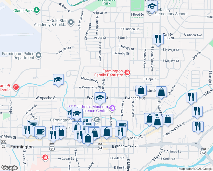 map of restaurants, bars, coffee shops, grocery stores, and more near 608 North Allen Avenue in Farmington