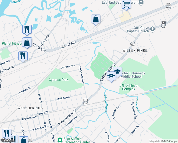 map of restaurants, bars, coffee shops, grocery stores, and more near 2211 Kentucky Avenue in Suffolk